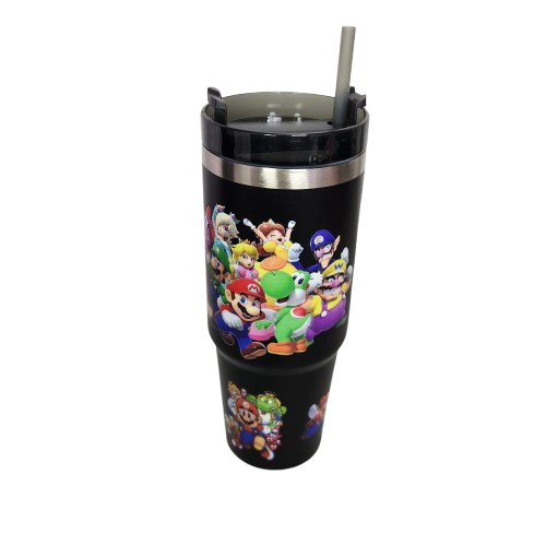Termo Mario Bros De Acero Inoxidable 30 Onzas Con Popote