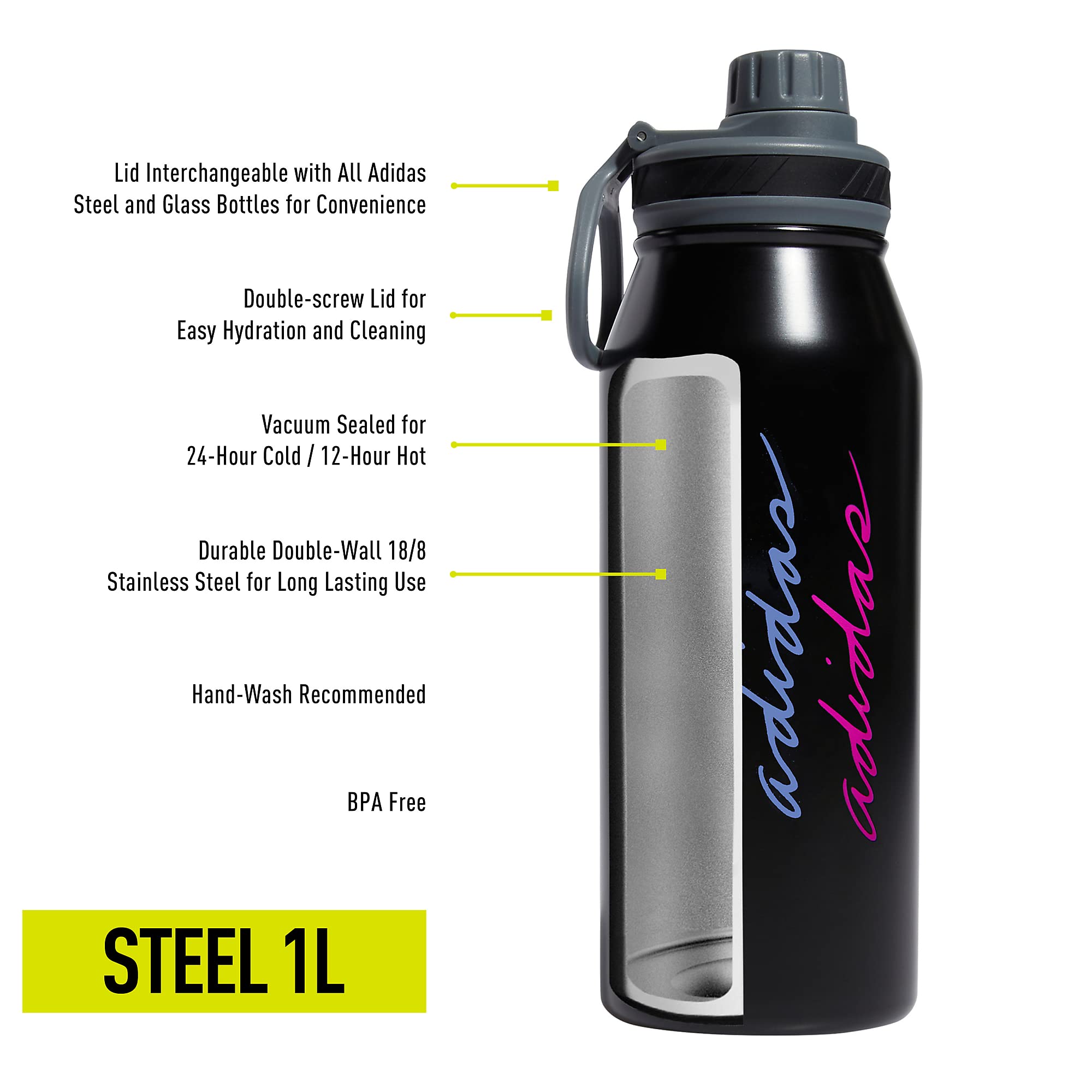 Foto 2 | Botella De Agua Adidas Metal 1l Sellada Al Vacío Negro/pulse Mint - Venta Internacional.