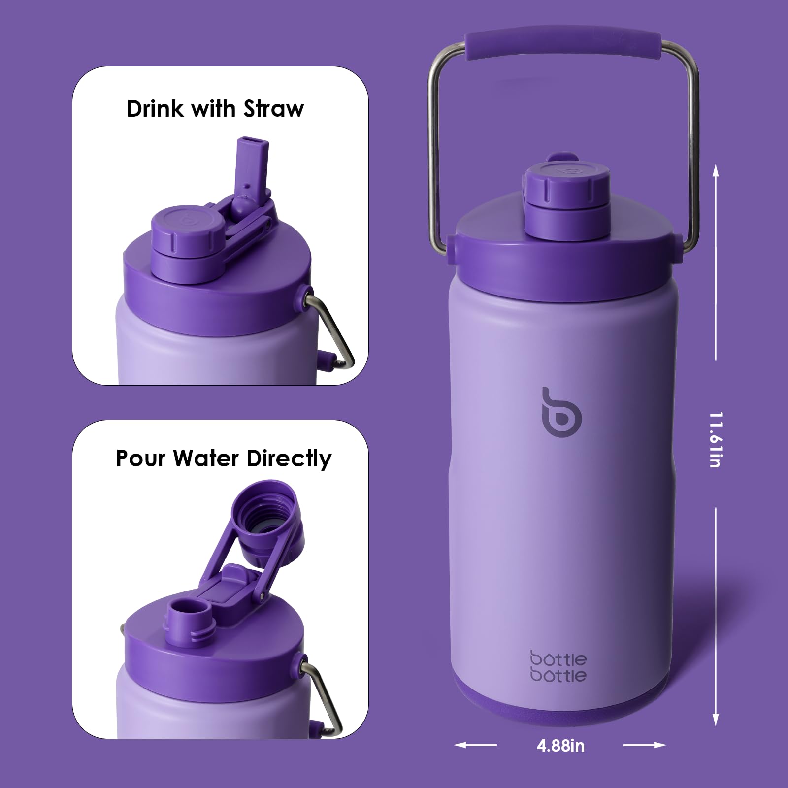 Foto 5 pulgar | Botella De Agua Con Aislamiento De 1,9 L, Con Pajita Y Tapa, Color Morado - Venta Internacional.