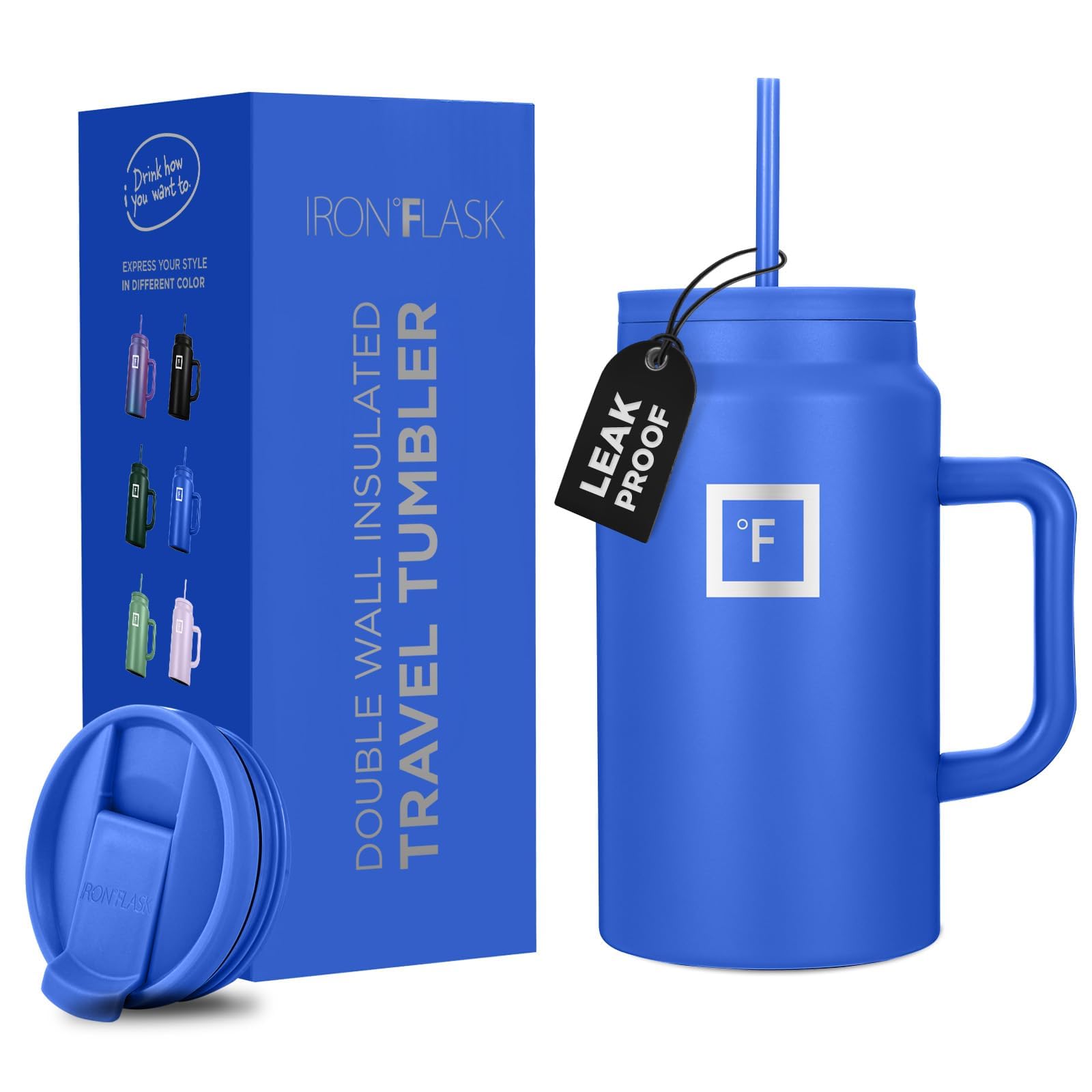 Taza Aislante Iron Flask Co-pilot Con Pajita Y Tapa Abatible, 1,5 L, Azul - Venta Internacional.