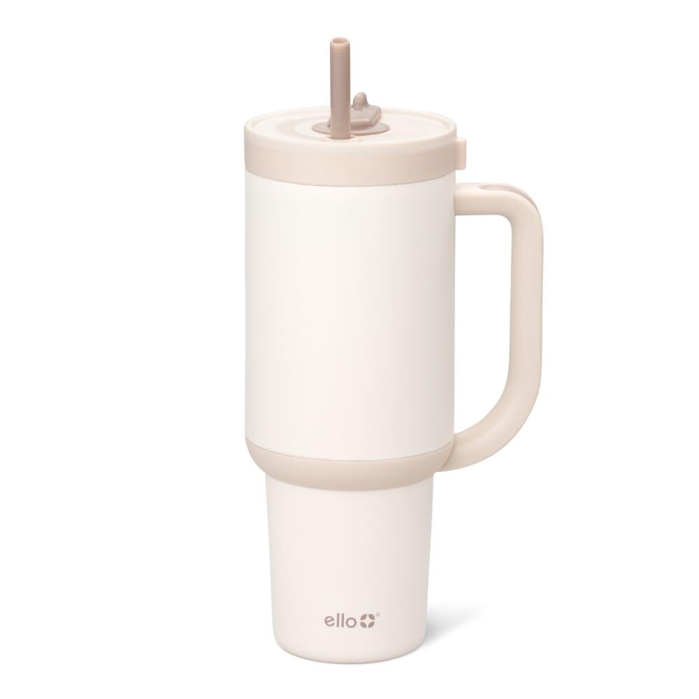 Vaso Ello Oasis De 1,2 Litros Con Asa Y Pajita Retráctil, Color Crema - Venta Internacional.