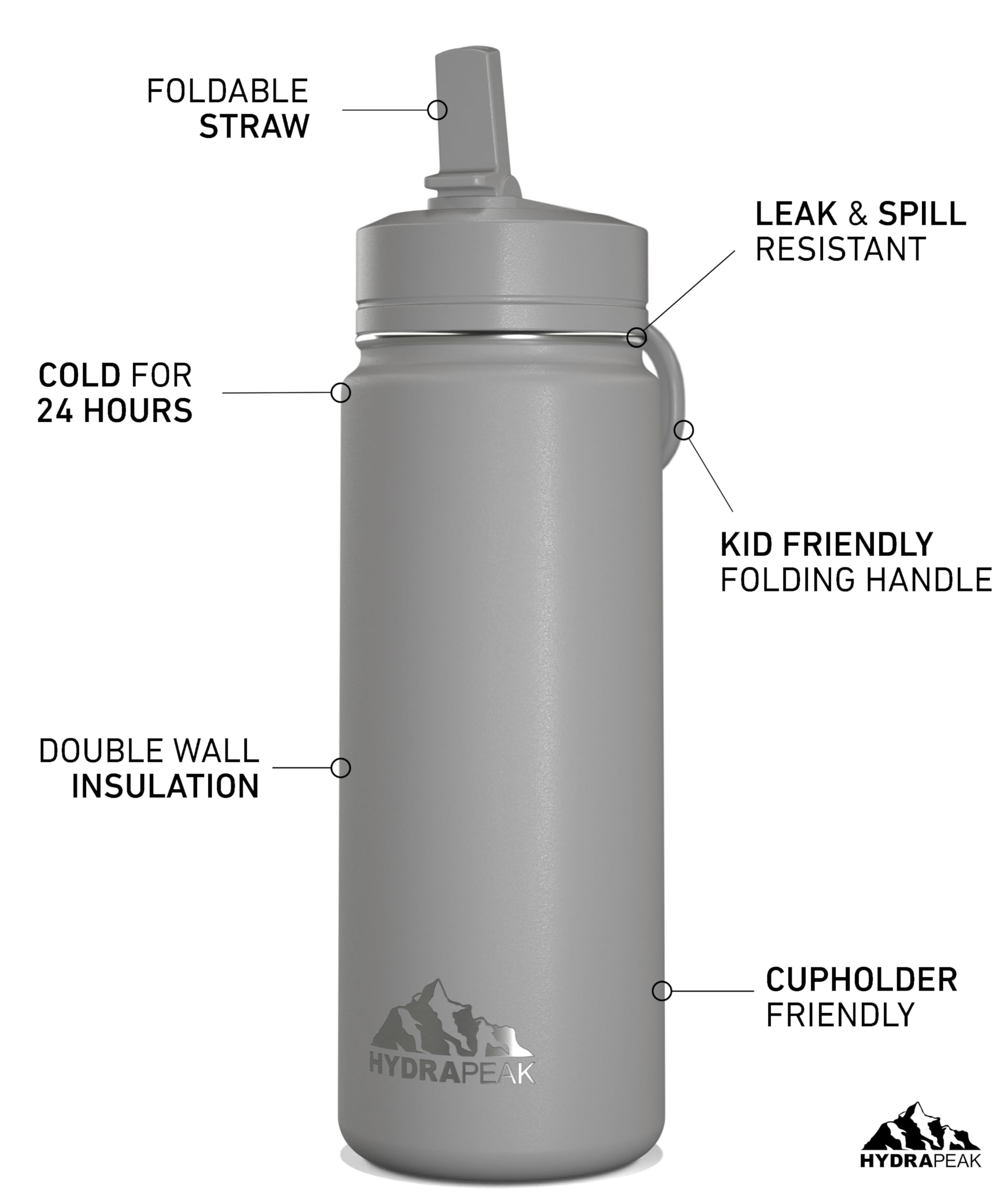 Foto 3 pulgar | Botella De Agua Hydrapeak Mini De 600 Ml Para Niños, Acero Inoxidable, Color Gris - Venta Internacional.