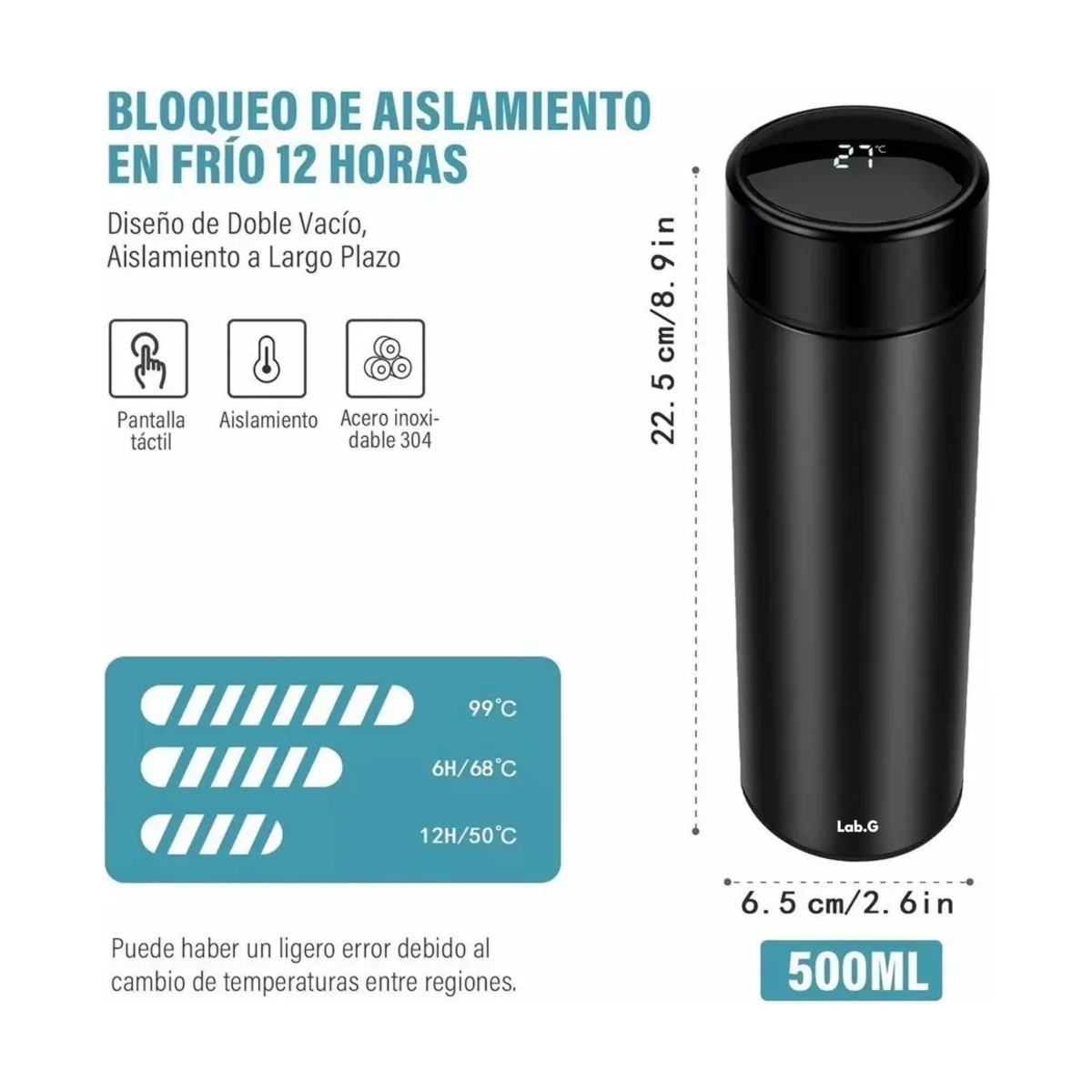 Foto 6 pulgar | Termo Digital Inteligente Acero Inoxidable 500ml Lab.g Negro