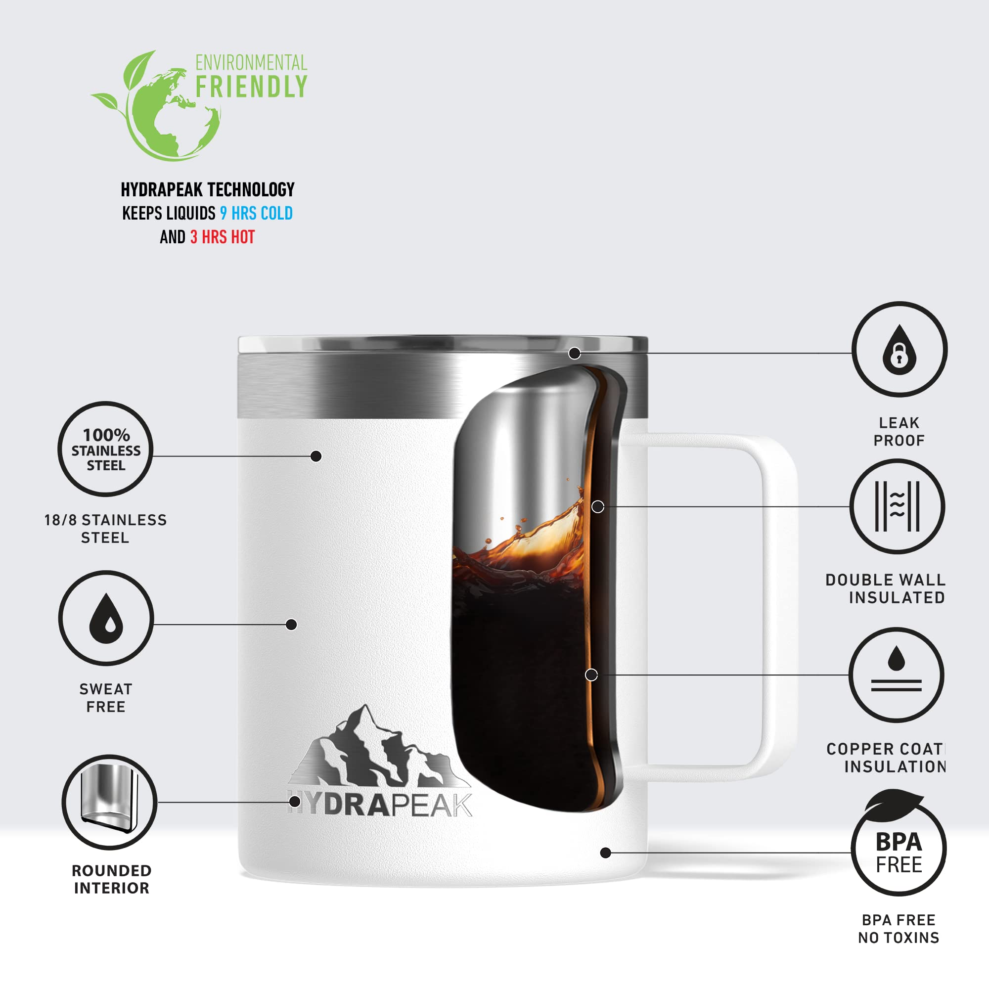 Foto 4 | Taza De Café Hydrapeak Con Aislamiento De Acero Inoxidable, 400 Ml, Color Blanco - Venta Internacional.