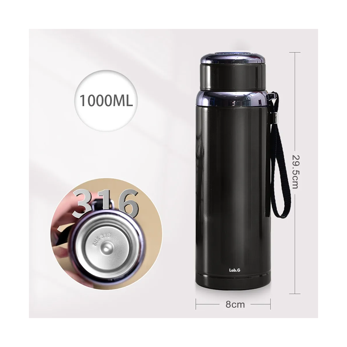 Foto 5 pulgar | Termo De Acero Inoxidable Portatil  1000ml Lab.g Negro