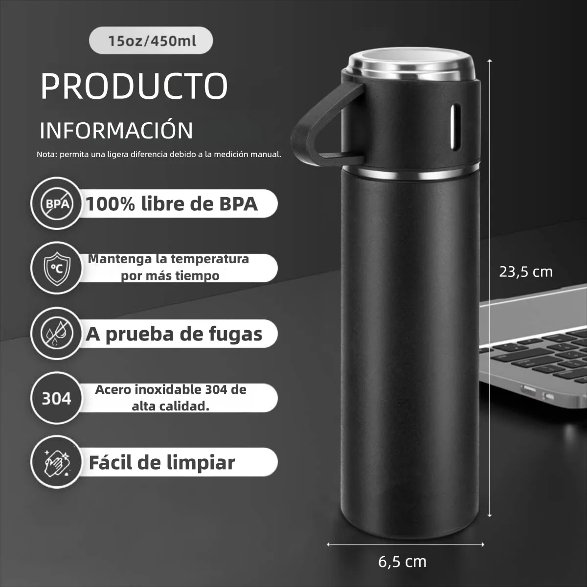 Foto 3 pulgar | Termo Botella Acero Inoxidable 304 Al Vacío Con Dos Tazas Eo Safe Imports Esi-20158  Negro