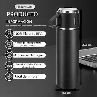Foto 2 | Termo Botella Acero Inoxidable 304 Al Vacío Con Dos Tazas Eo Safe Imports Esi-20158 Negro