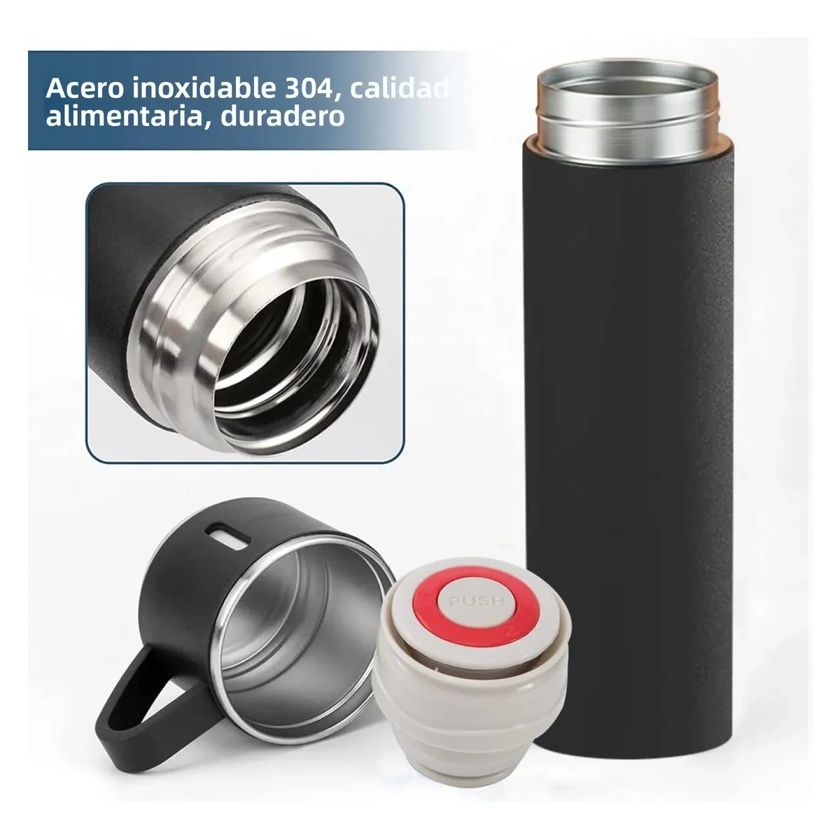 Foto 4 pulgar | Termo Botella Acero Inoxidable 304 Al Vacío Con Dos Tazas Eo Safe Imports Esi-20158  Negro