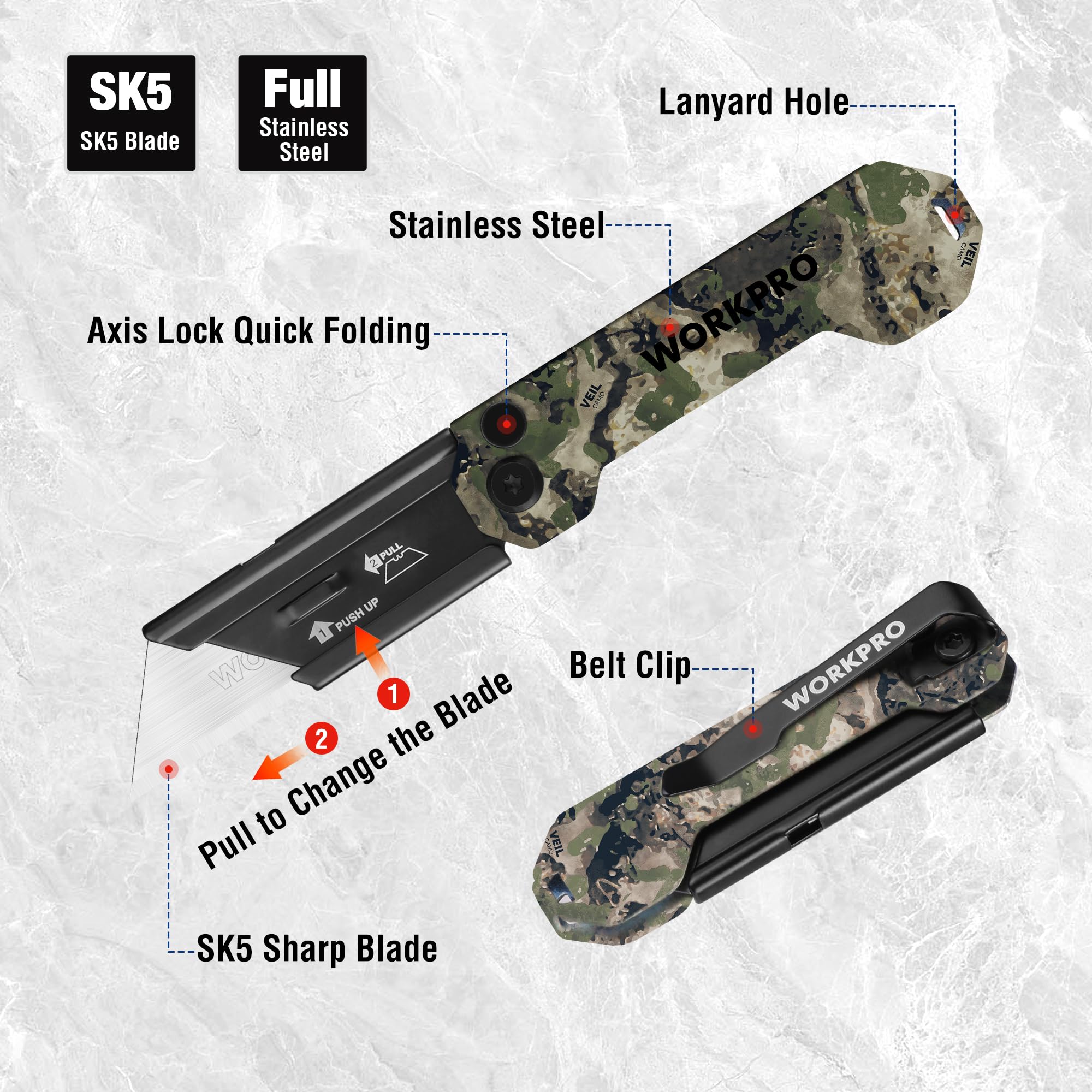 Foto 4 pulgar | Juego De Cuchillos Utilitarios Plegables Workpro Camo Con Clip Para Cinturón, Paquete De 3 - Venta Internacional.