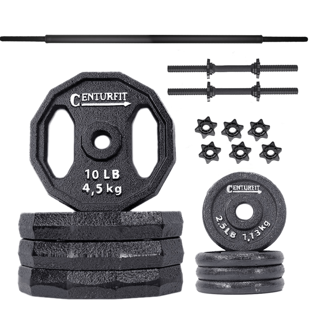 Kit de Pesas de 50 lbs Centurfit Mkz-cfpesas50lbneg Discos/ Barra Recta/ Par de Mancuernas/ Polietileno Negro