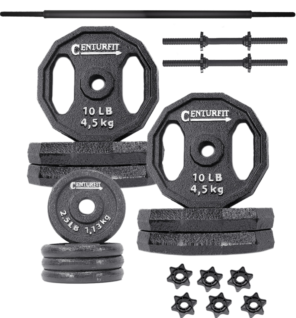 Kit de Pesas de 70 lbs Centurfit Mkz-cfpesas70lbneg Discos/ Barra Recta/ Par de Mancuernas/ Polietileno Negro