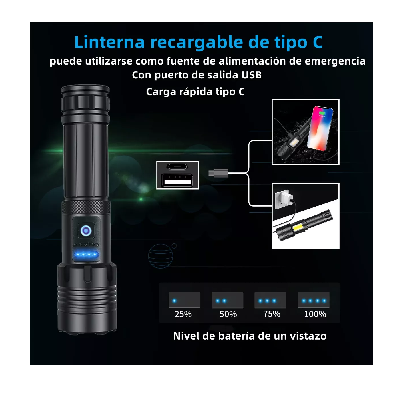 Foto 3 pulgar | Linterna Táctica Led Brillante BELUG 90000 Lm Type-C Recargable