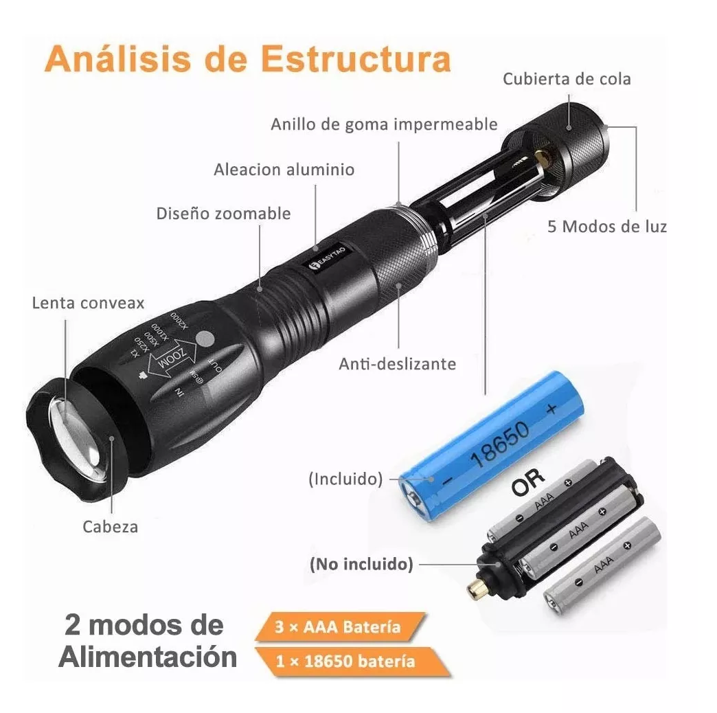 Foto 4 pulgar | Linterna Led Recargable T6 Luz Táctica Portátil