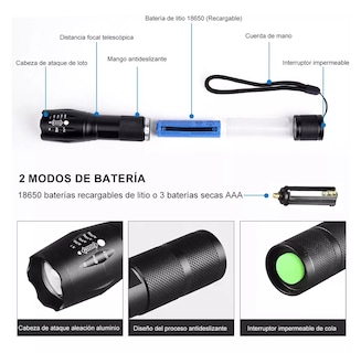 Foto 2 | Linternas Led Recargable 4000lm Con 5 Modos Y Zoo 2 Pzas Negro