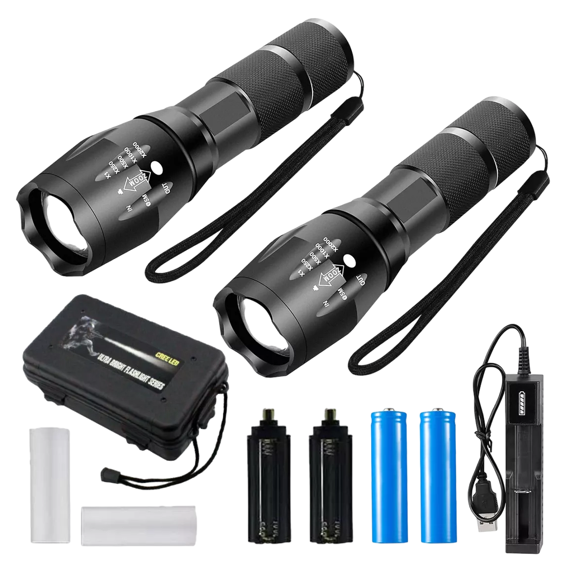 Linternas Led Recargable 4000lm Con 5 Modos Y Zoo 2 Pzas Negro