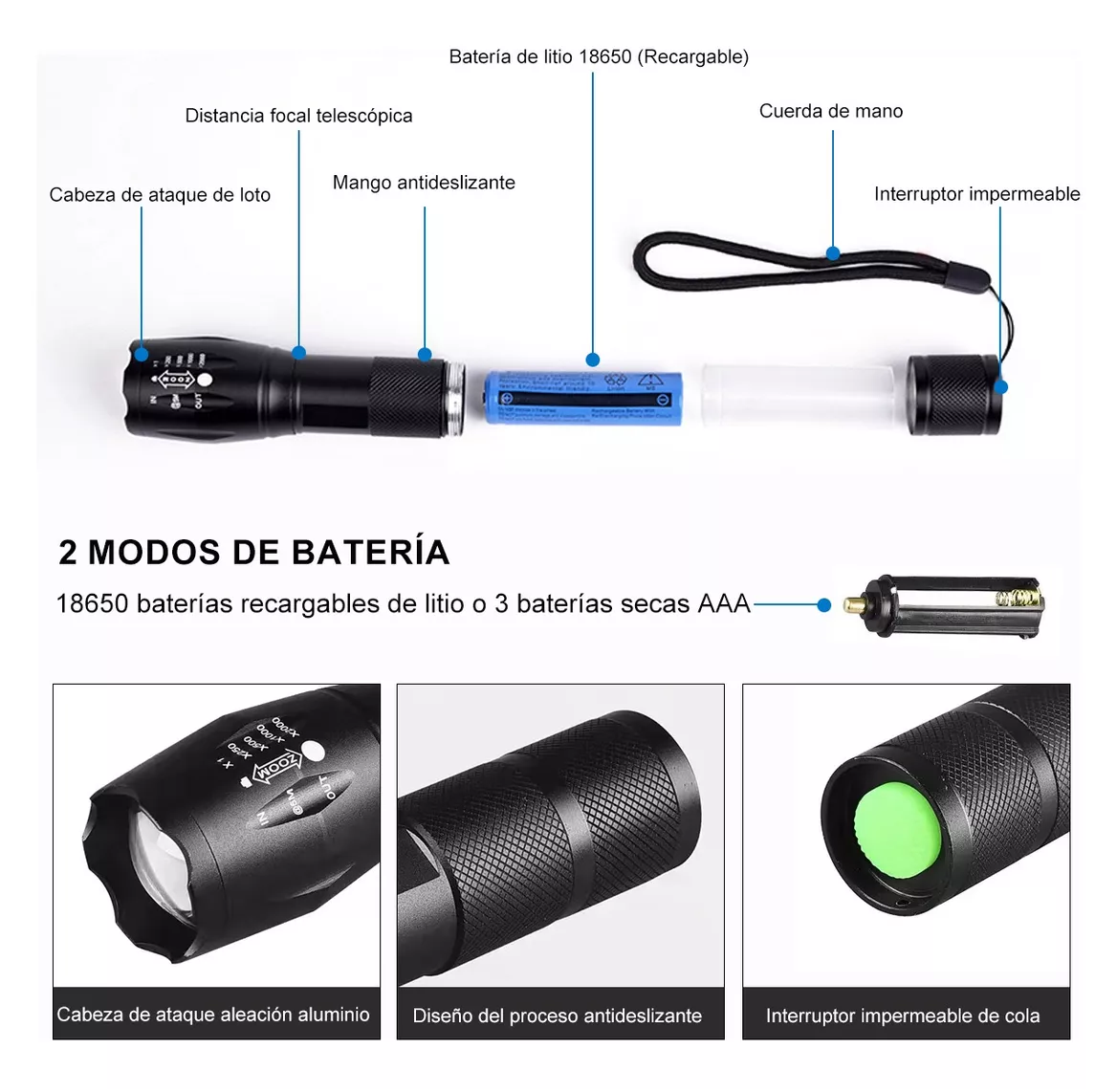 Foto 3 pulgar | Linternas Led Recargable 4000lm Con 5 Modos Y Zoo 2 Pzas Negro