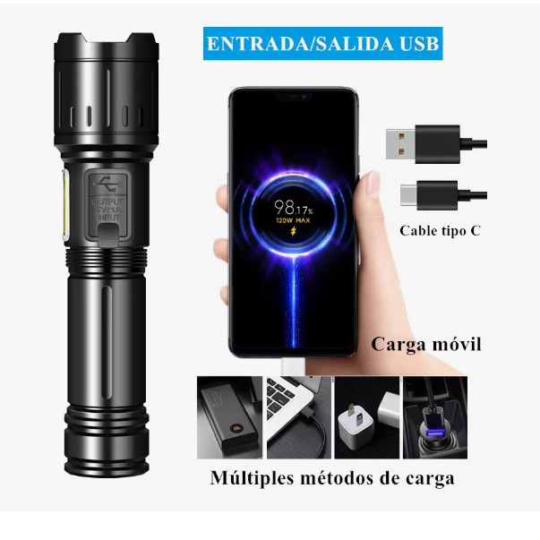 Foto 5 pulgar | Lámpara Táctica  Wünd Recargable Usb Led Linterna Ultra Potente