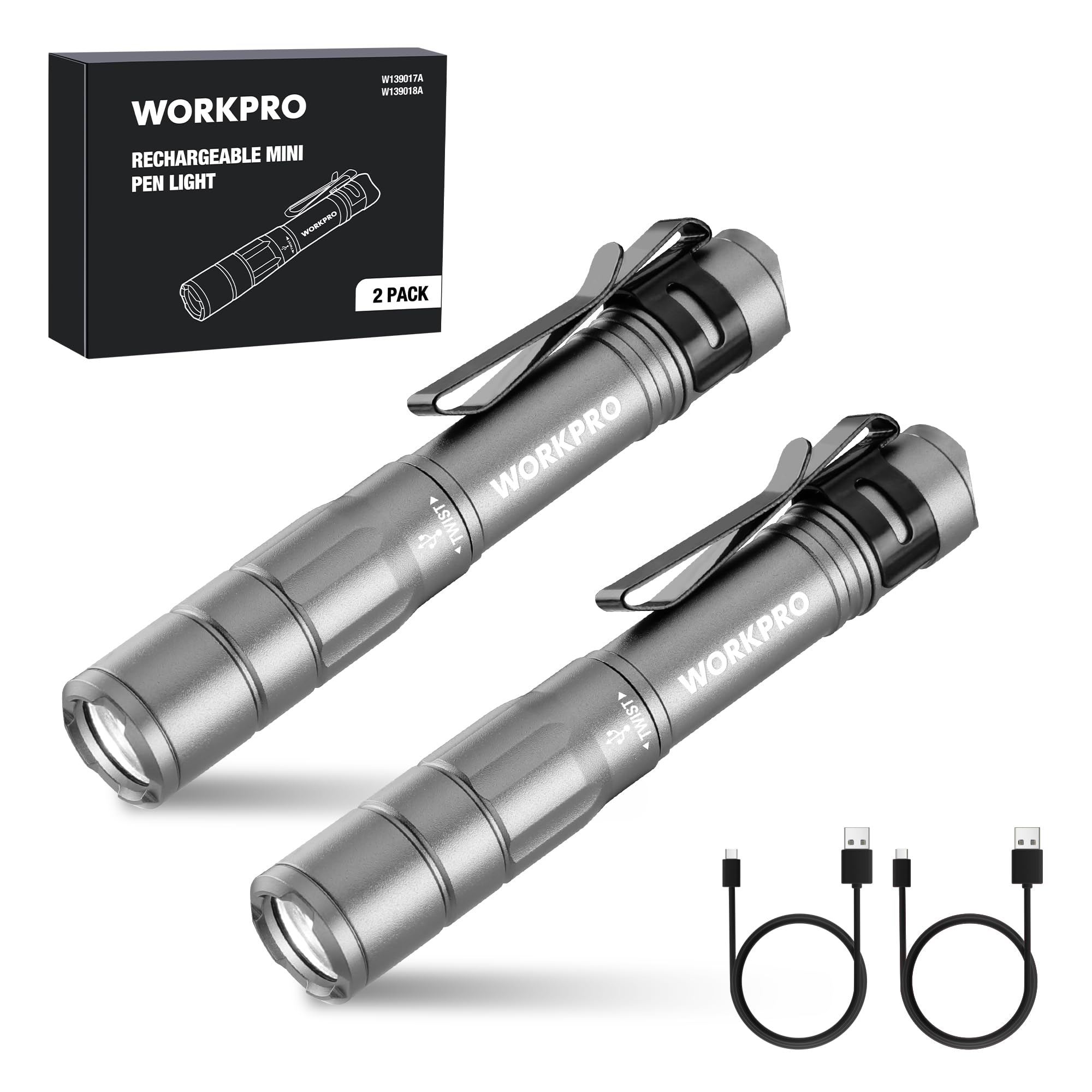 Flashlight Workpro - Lápiz Recargable (300 Lm, 2 Unidades), Color Gris - Venta Internacional.