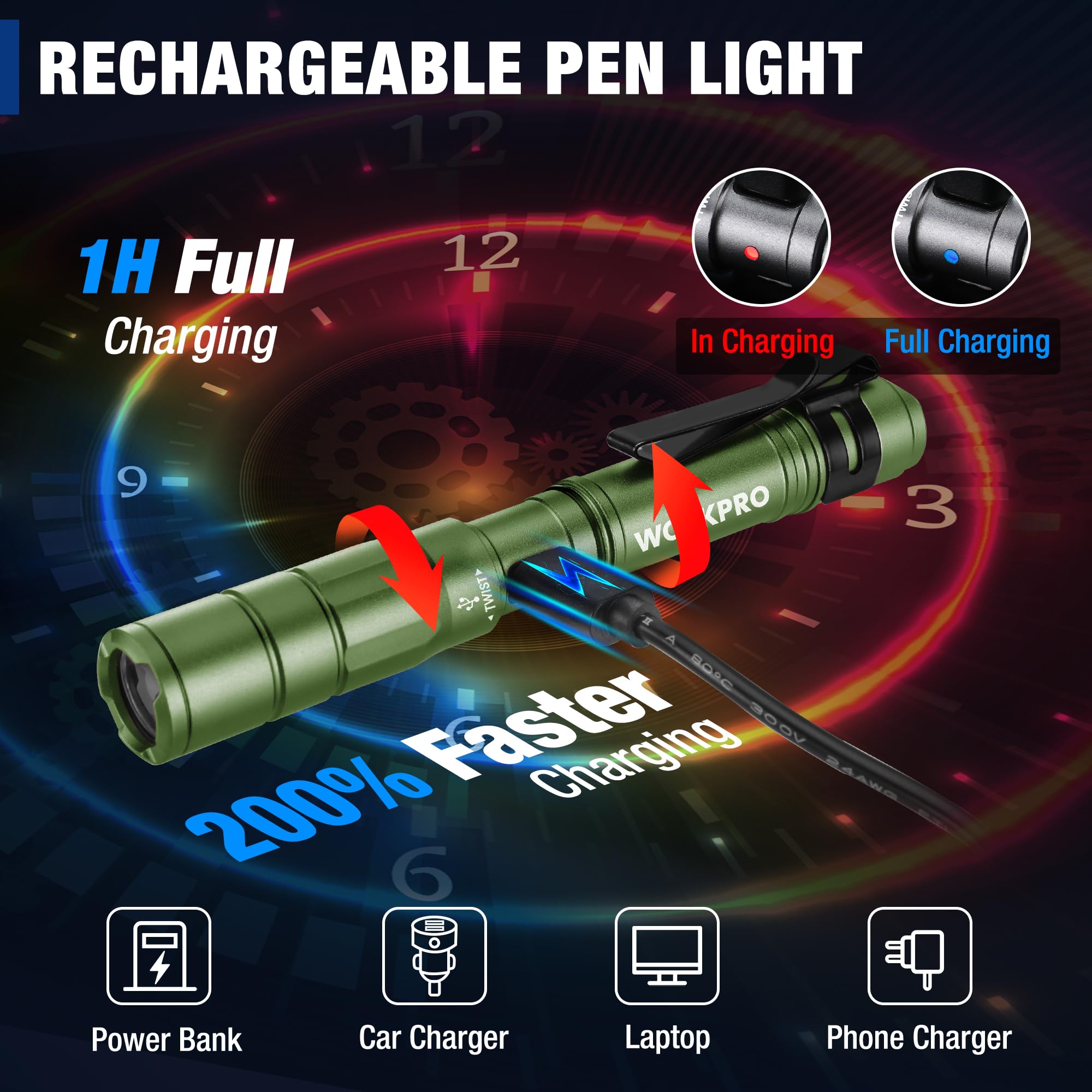 Foto 4 pulgar | Flashlight Workpro - Lápiz Recargable (300 Lm, 2 Unidades), Color Verde - Venta Internacional.