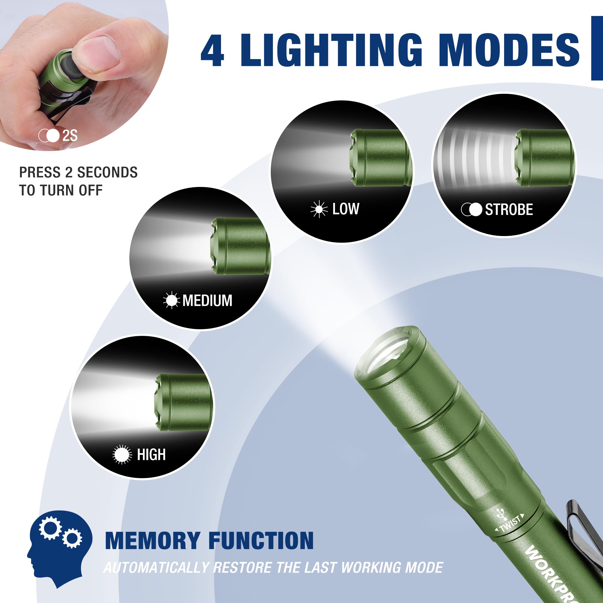 Foto 5 pulgar | Flashlight Workpro - Lápiz Recargable (300 Lm, 2 Unidades), Color Verde - Venta Internacional.