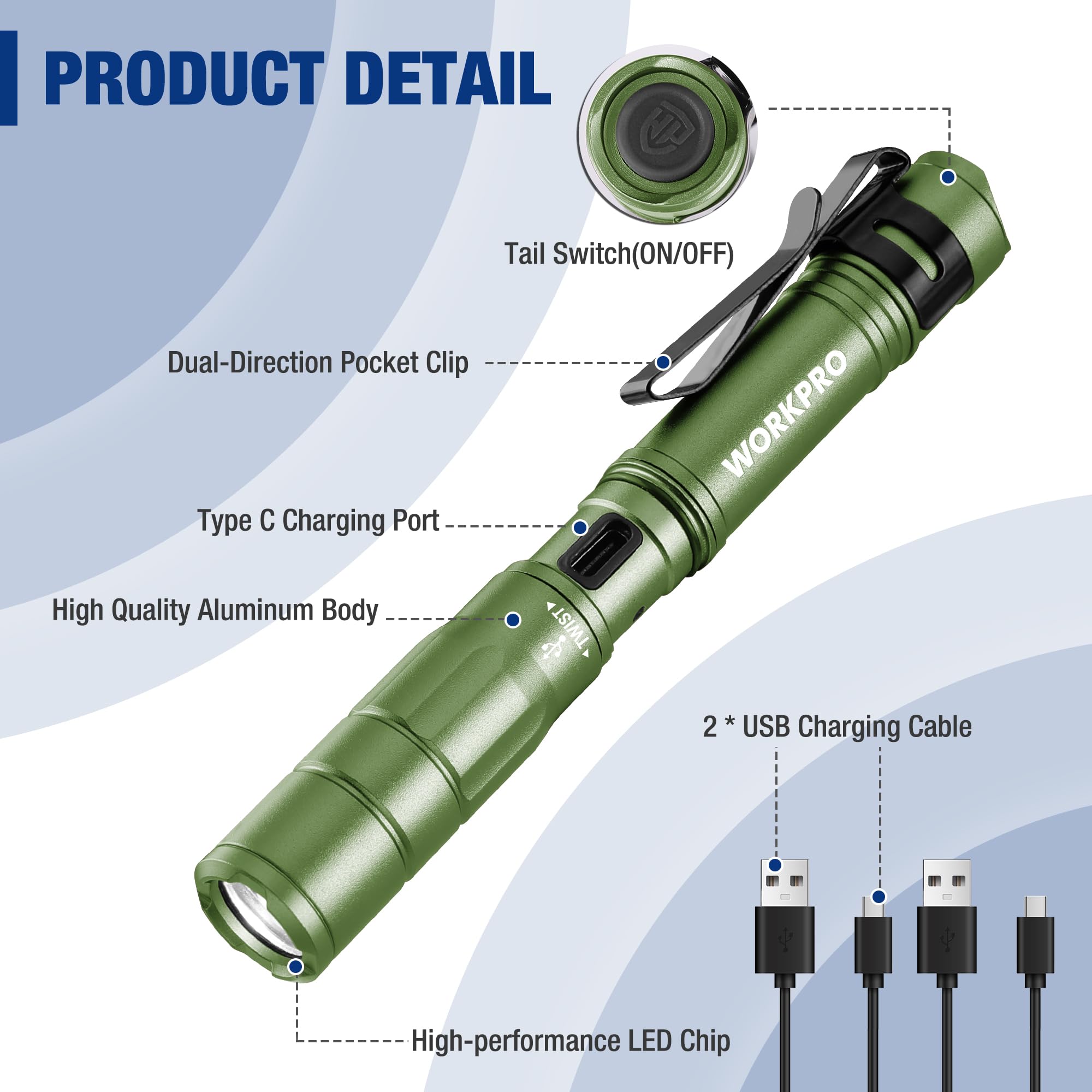 Foto 8 pulgar | Flashlight Workpro - Lápiz Recargable (300 Lm, 2 Unidades), Color Verde - Venta Internacional.