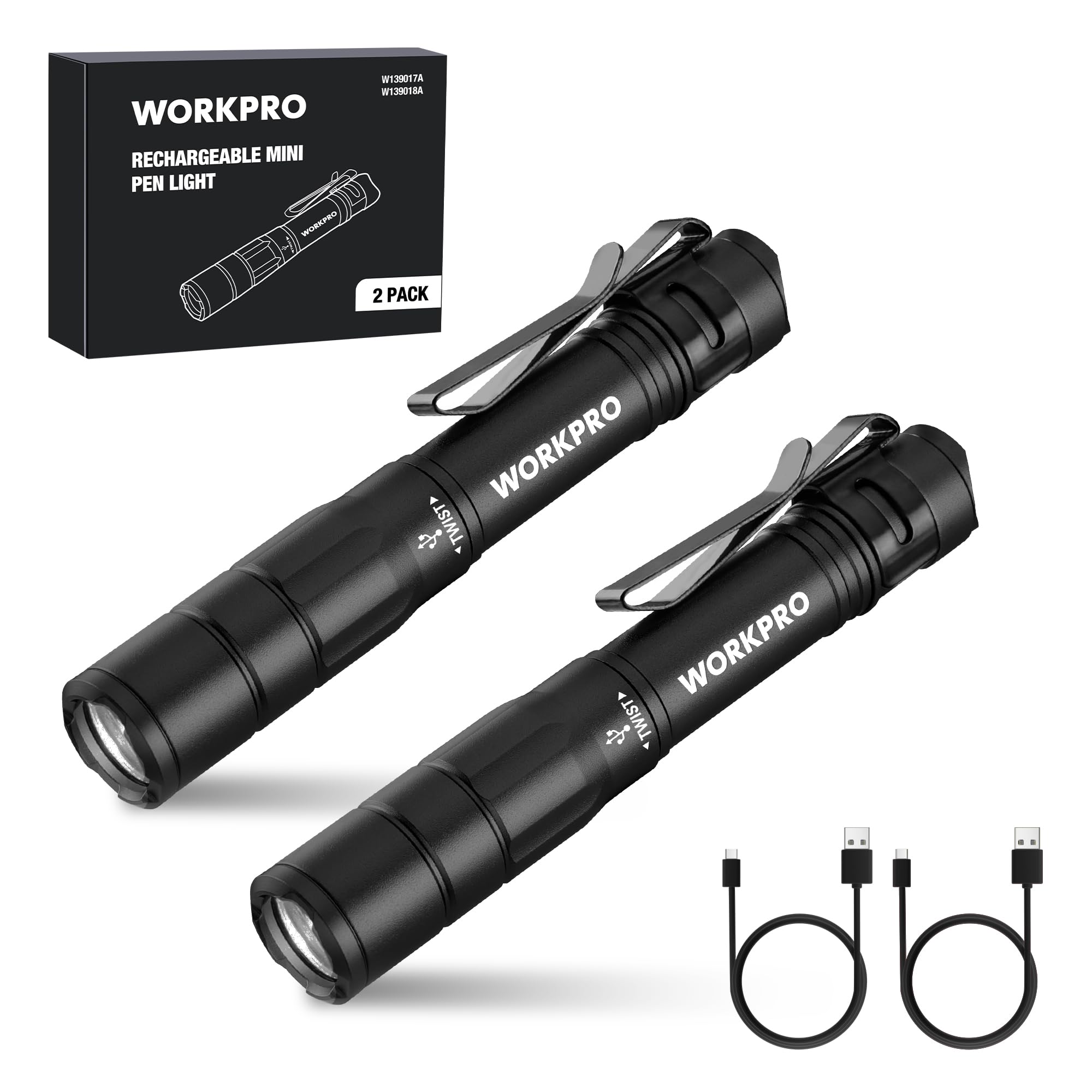 Flashlight Workpro - Lápiz Recargable (300 Lm, 2 Unidades), Color Negro - Venta Internacional.