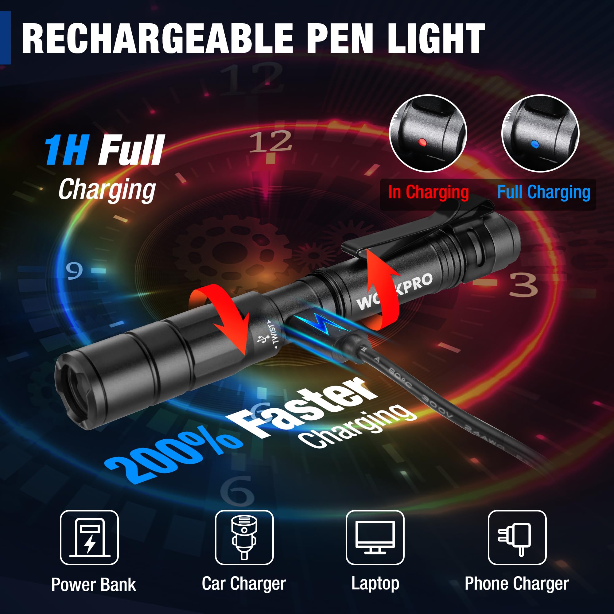 Foto 3 | Flashlight Workpro - Lápiz Recargable (300 Lm, 2 Unidades), Color Negro - Venta Internacional.