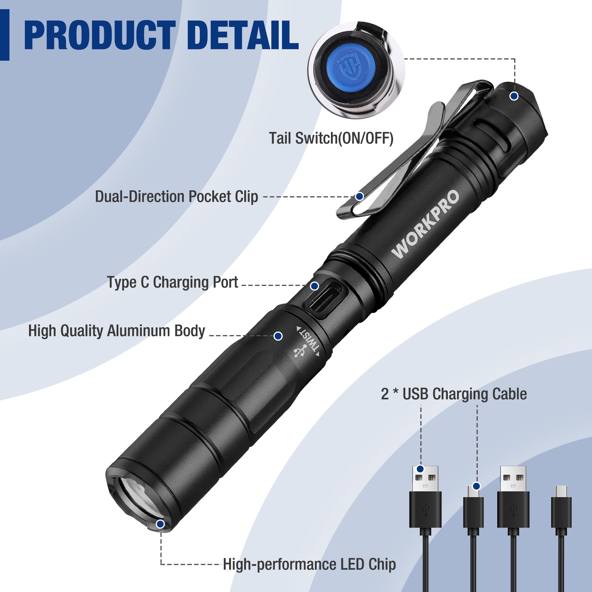 Foto 8 pulgar | Flashlight Workpro - Lápiz Recargable (300 Lm, 2 Unidades), Color Negro - Venta Internacional.