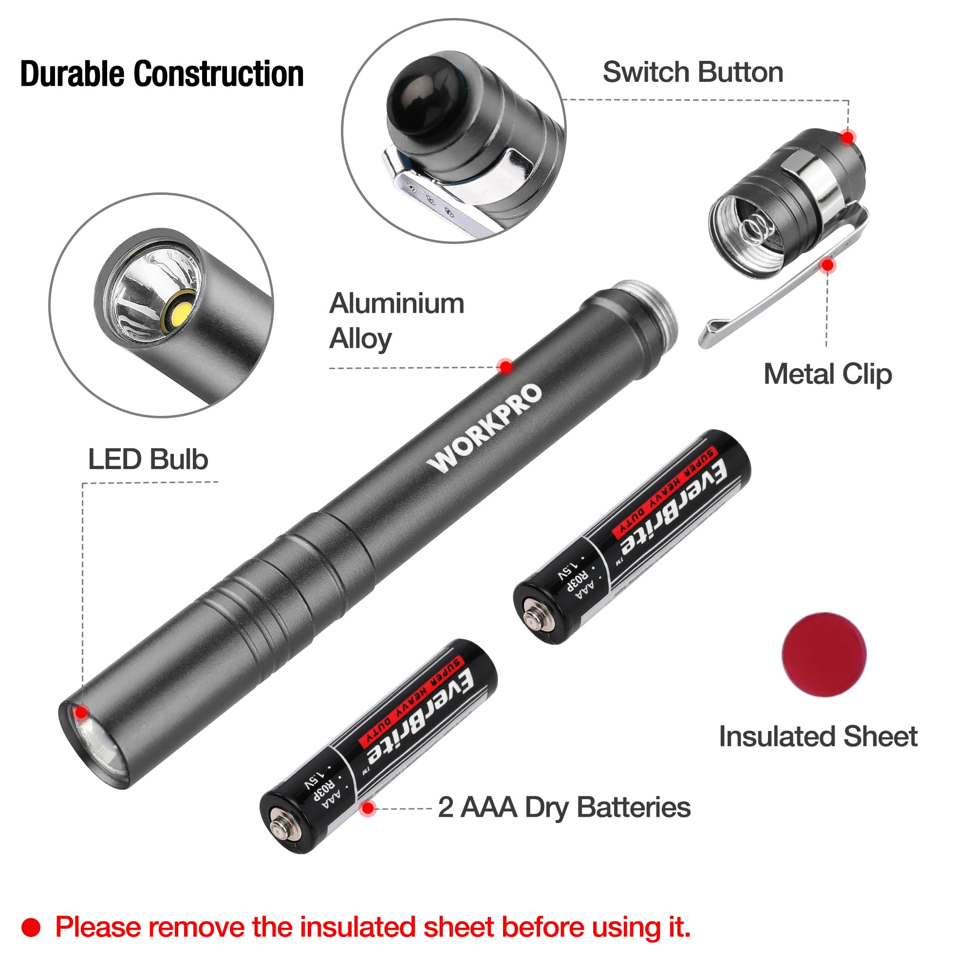 Foto 5 pulgar | Linterna Led Workpro De Aluminio Con Clip Gris Y 2 Pilas Aaa X4 - Venta Internacional.