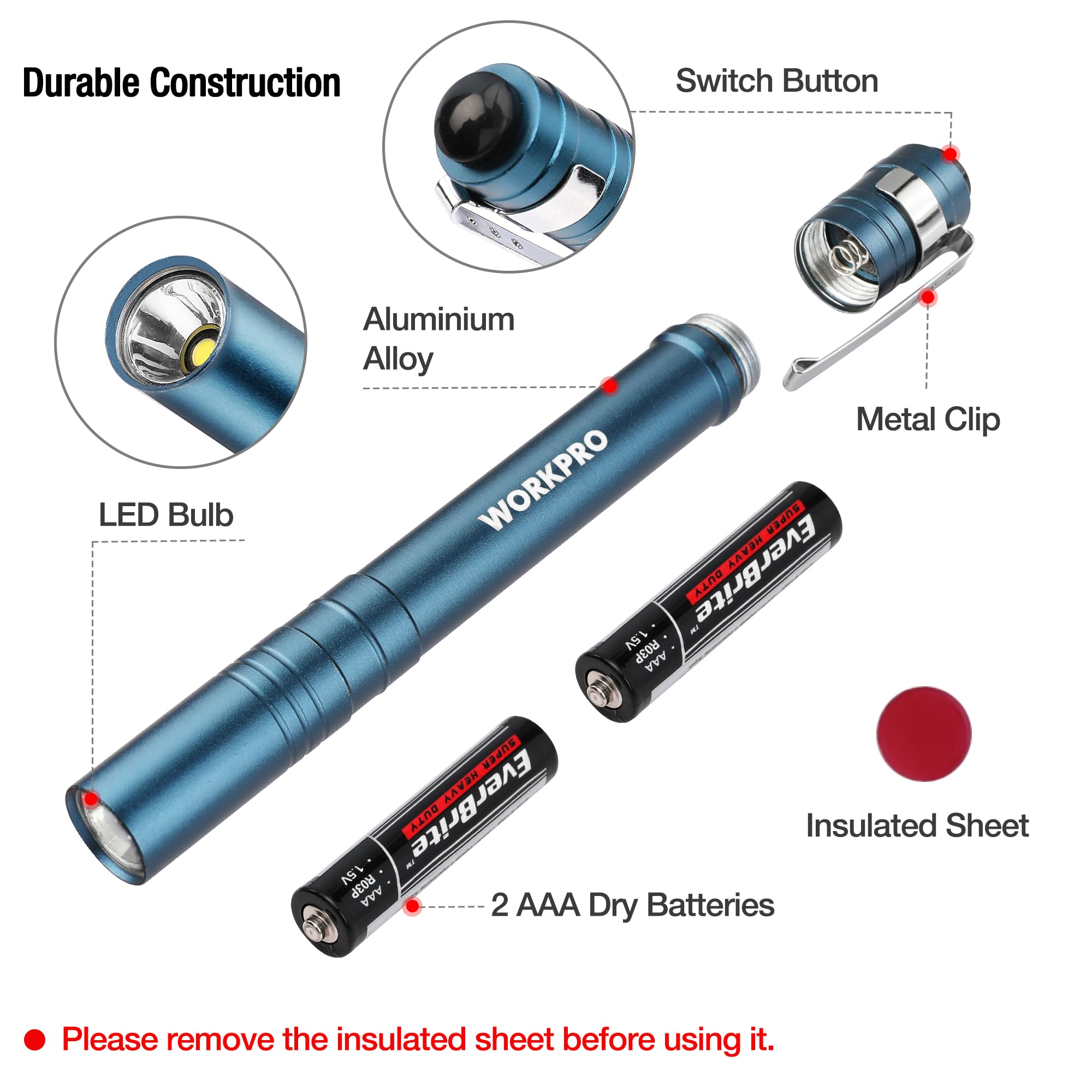 Foto 5 pulgar | Pen Light Workpro Led Con Bolsillo De Aluminio Con Clip Azul, Paquete De 4 - Venta Internacional.