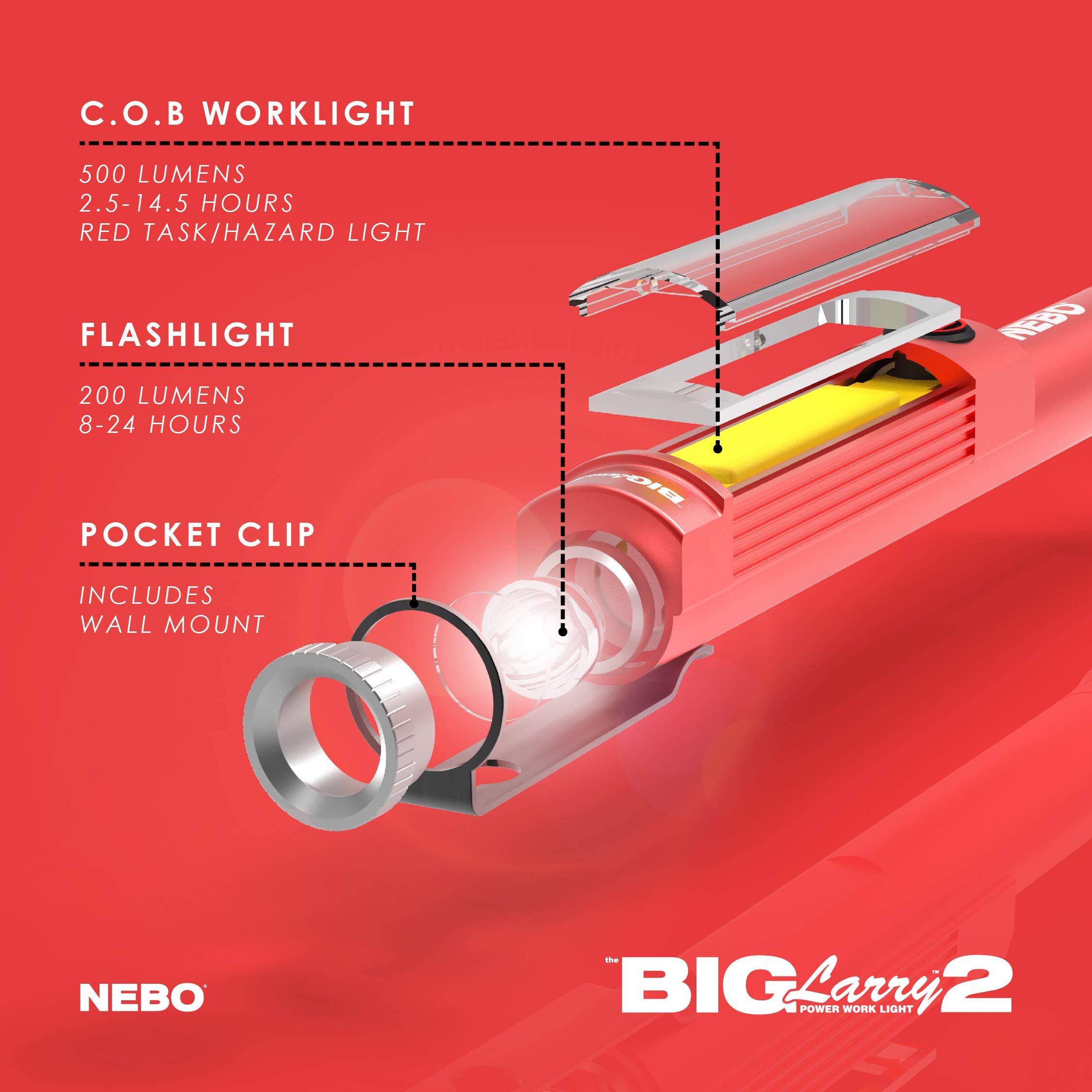 Foto 7 | Lámpara De Trabajo Nebo Big Larry 2, Funciona Con Pilas, 500 Lúmenes, Color Rojo - Venta Internacional.