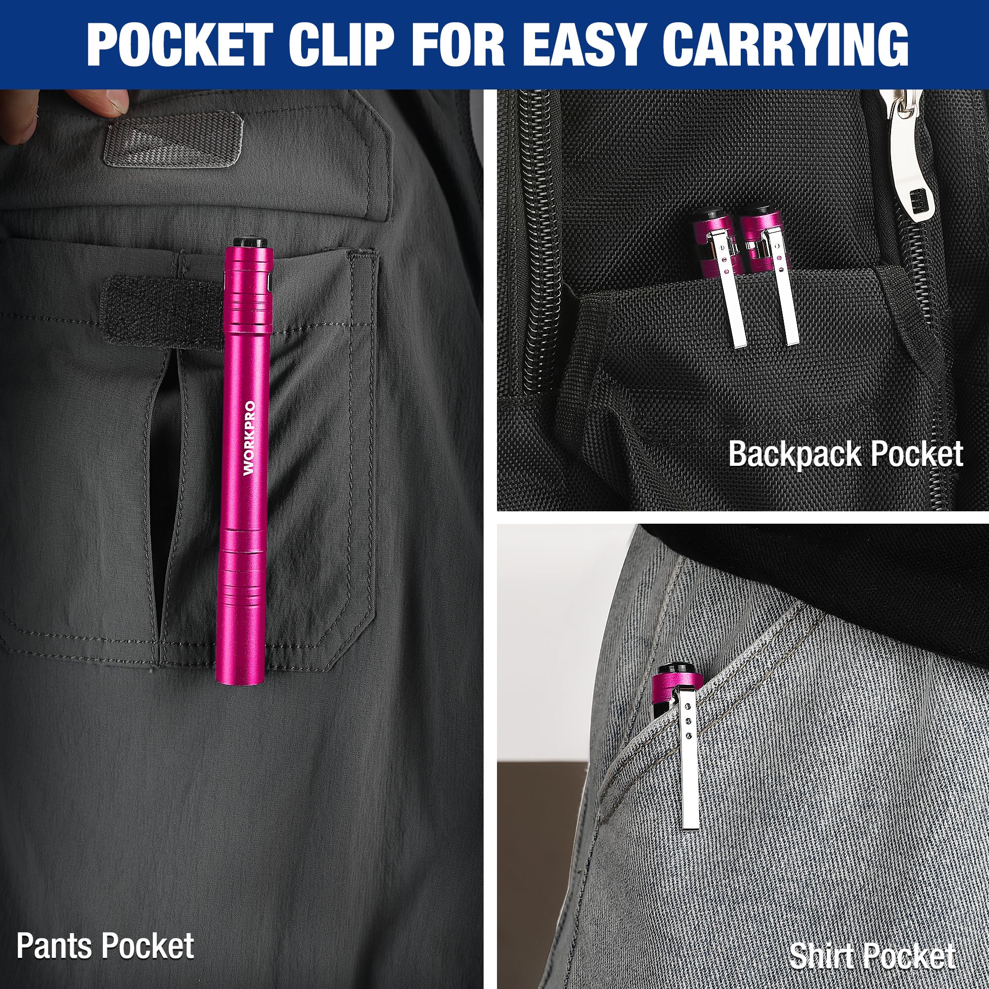 Foto 6 pulgar | Linterna Led Workpro De Aluminio Con Clip Rosa, 2 Pilas Aaa, Paquete De 4 - Venta Internacional.