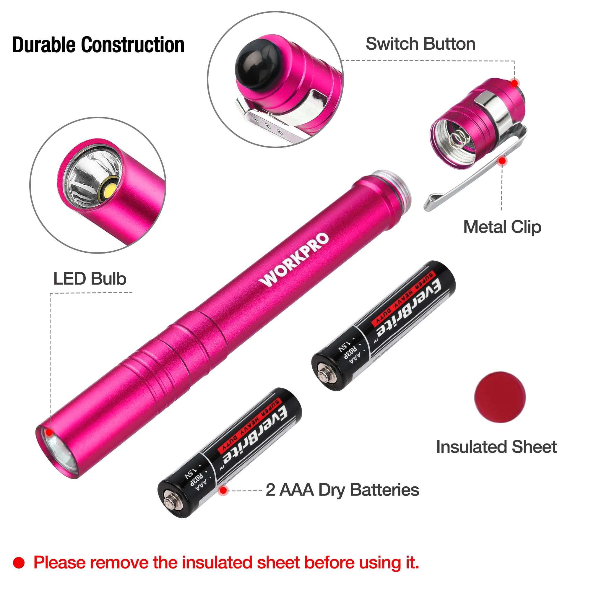 Foto 7 pulgar | Linterna Led Workpro De Aluminio Con Clip Rosa, 2 Pilas Aaa, Paquete De 4 - Venta Internacional.