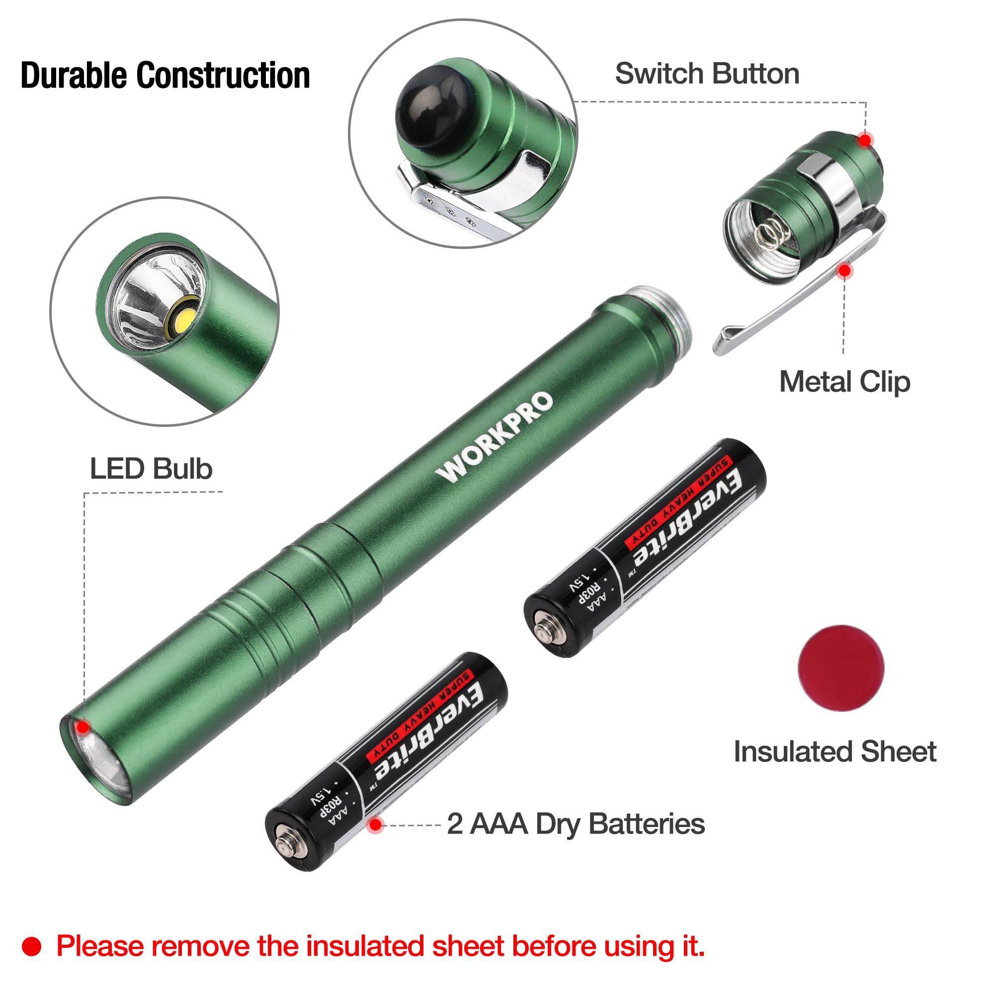 Foto 7 pulgar | Pen Light Workpro Led Con Bolsillo De Aluminio Con Clip, Color Verde, Paquete De 4 - Venta Internacional.