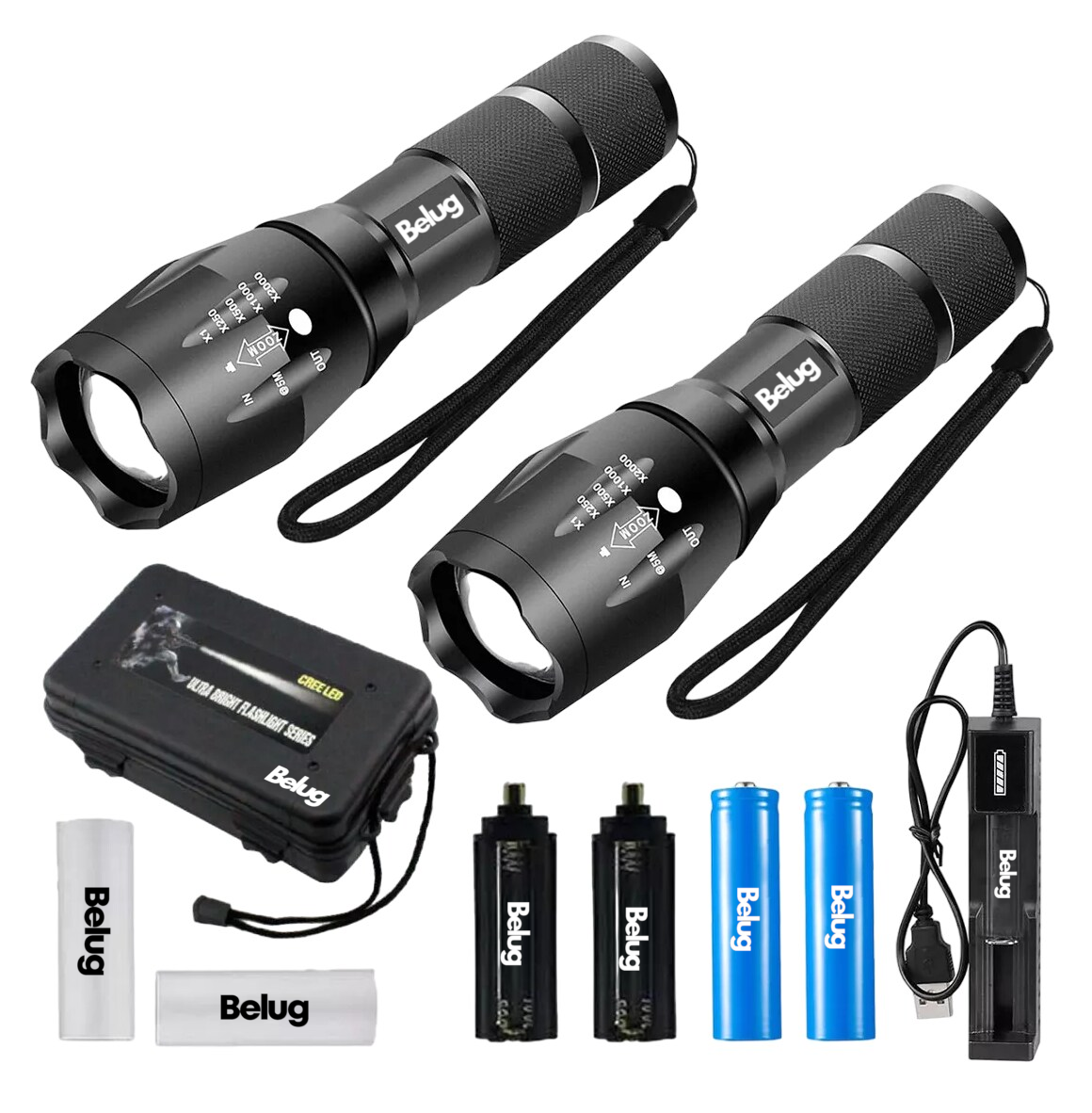Linternas Led Recargable 4000lm Con 5 Modos Y Zoo 2 Pzas , Belug Negro