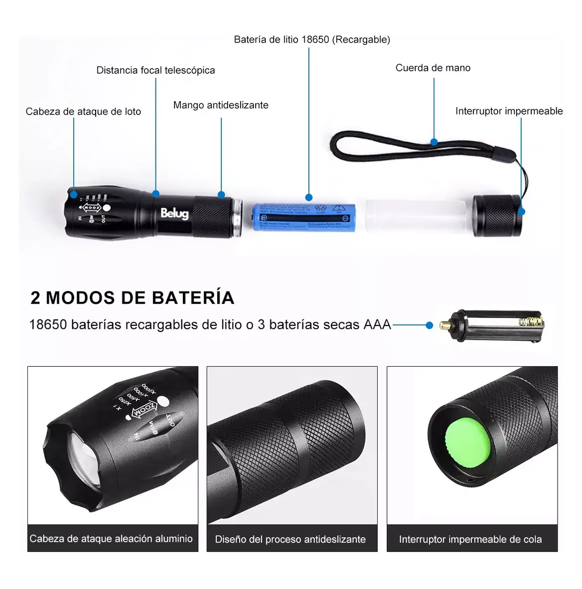 Foto 2 | Linternas Led Recargable 4000lm Con 5 Modos Y Zoo 2 Pzas , Belug Negro