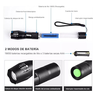 Foto 2 | Linternas Led Recargable 4000lm Con 5 Modos Y Zoo 2 Pzas , Belug Negro