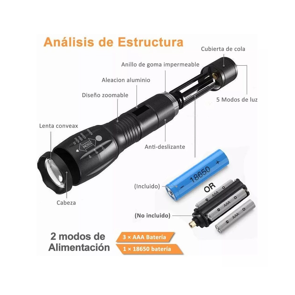 Foto 3 | Linterna Led Recargable Belug T6 Luz Táctica Portátil de Alta Potencia Zoom