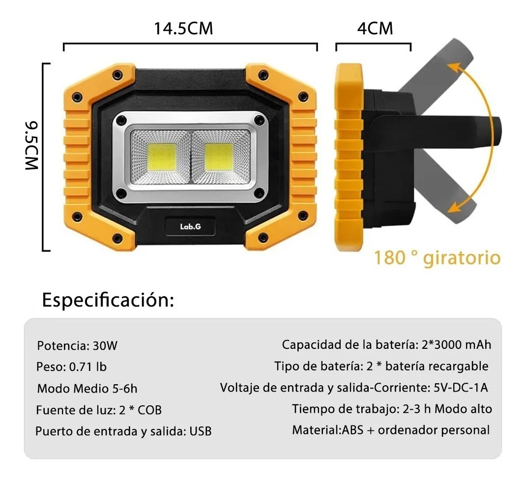 Foto 5 | Lámpara Recargable Lab.g De Trabajo Tipo Led De Mano P/campamento Negro Naranja