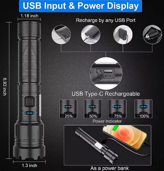 Foto 5 pulgar | Xtellar Linterna Táctica Led Recargable, Ultra Brillante De Doble Luz, Multi-funcional Usb, 2 Piezas