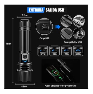 Foto 3 | Lampara Tactica 200000lm Rechargeable Led Linterna Potentes Linterna Negro Luz Blanco
