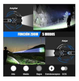 Foto 4 | Lampara Tactica 200000lm Rechargeable Led Linterna Potentes Linterna Negro Luz Blanco