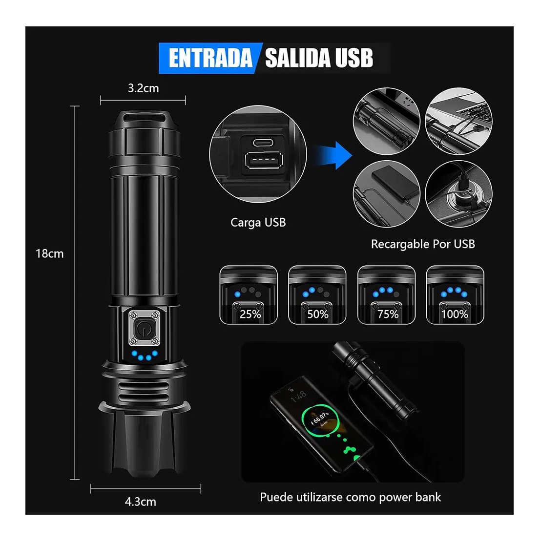 Foto 4 pulgar | Lampara Tactica 200000lm Rechargeable Led Linterna Potentes Linterna Negro Luz Blanco