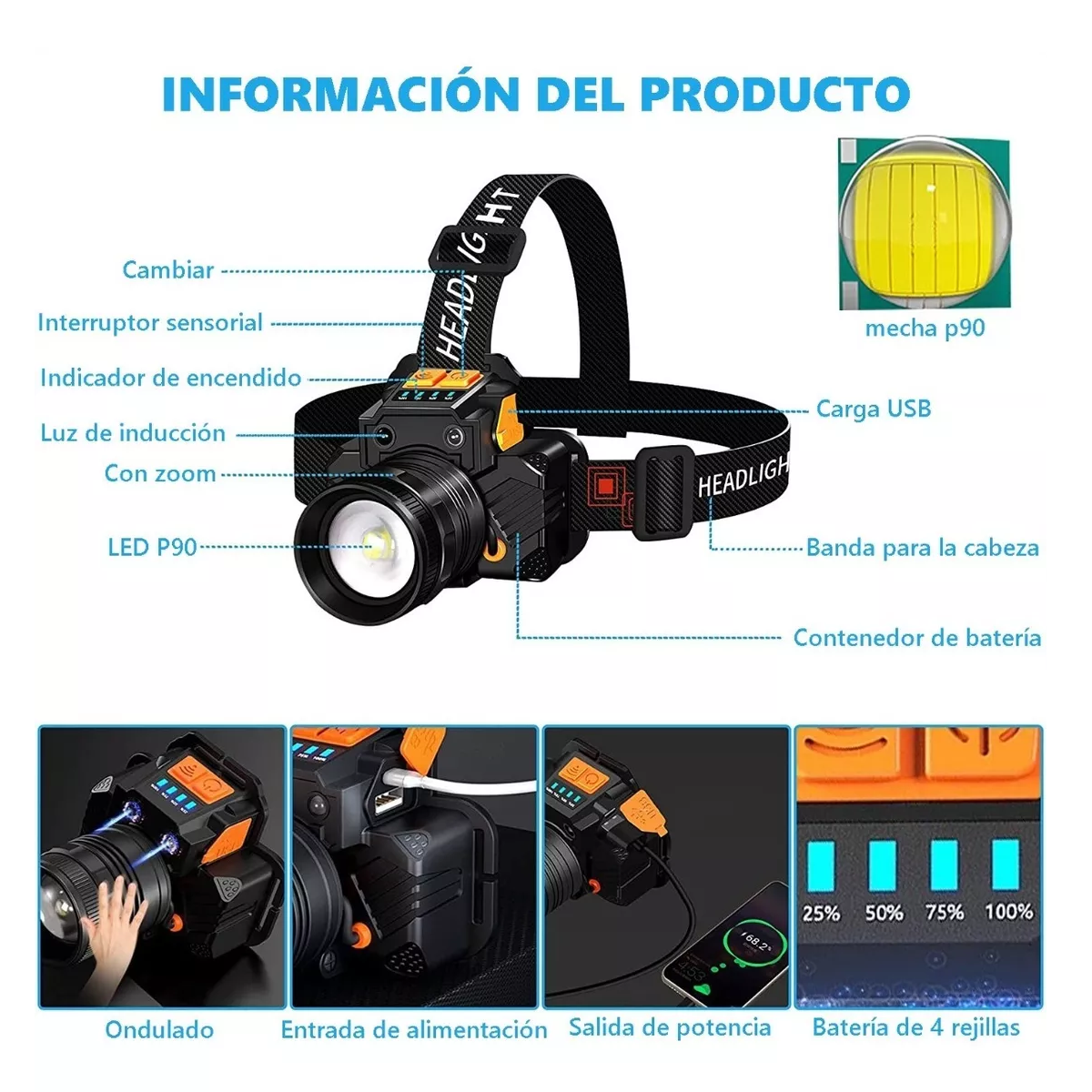 Foto 3 pulgar | Lámpara Led Cabeza Minera Recargable Impermeable  Eo Safe Imports Esi-13011 Negro