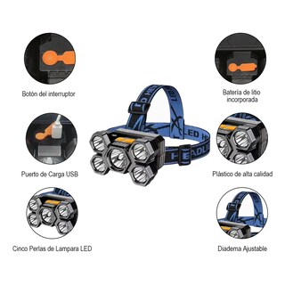 Foto 4 | 2pcs Lámpara Cabeza Recargable Usb 5 Led Lampara Minera Lab.g Azul