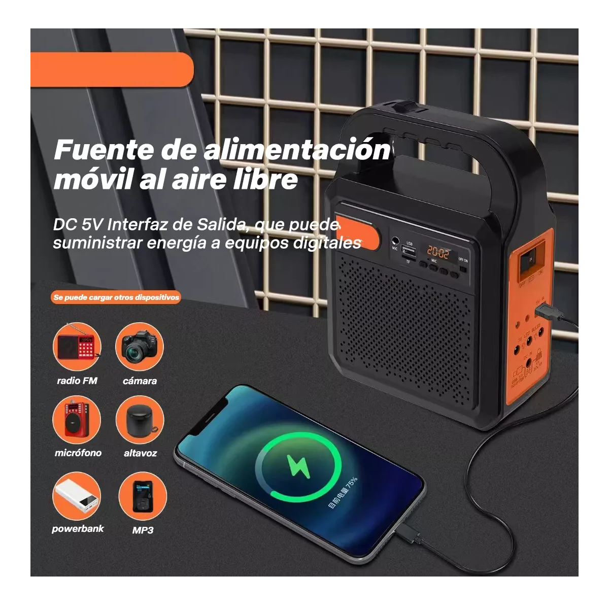 Foto 4 pulgar | Lámpara Solar Iluminación Radio Fm Bluetooth Banco Energía Eo Safe Imports Esi-11988 Naranja