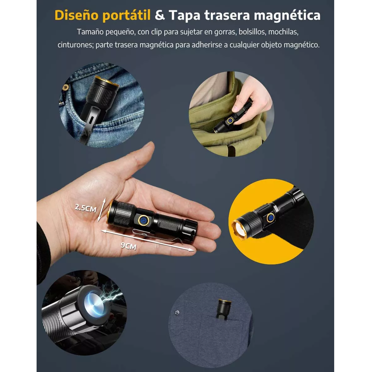 Foto 4 pulgar | Lámpara Led Recargable Mini Linterna Potente Con Imán 5modos Eo Safe Imports Esi-15523 Negro