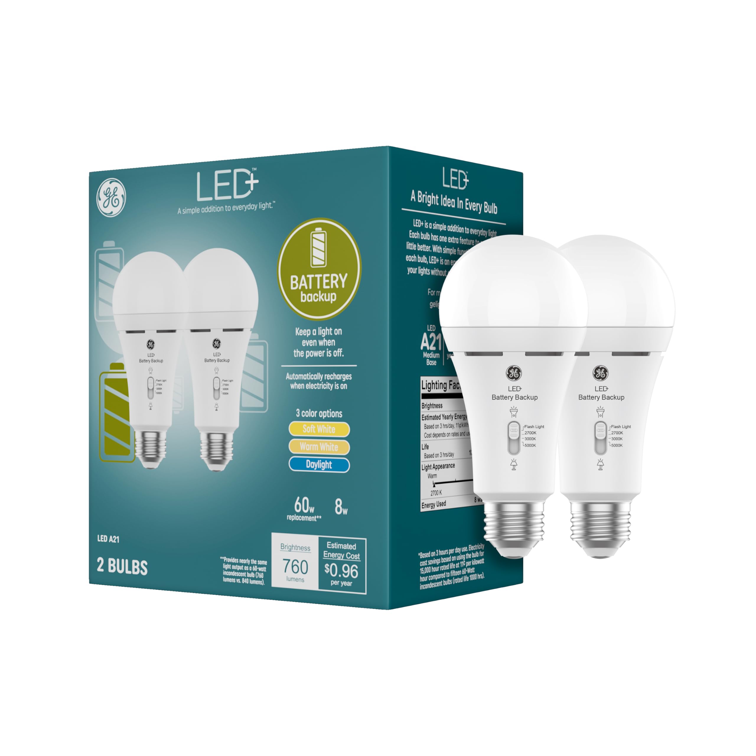 Bombillas Led Ge Led+ Con Batería De Respaldo A21 (paquete De 2) - Venta Internacional.