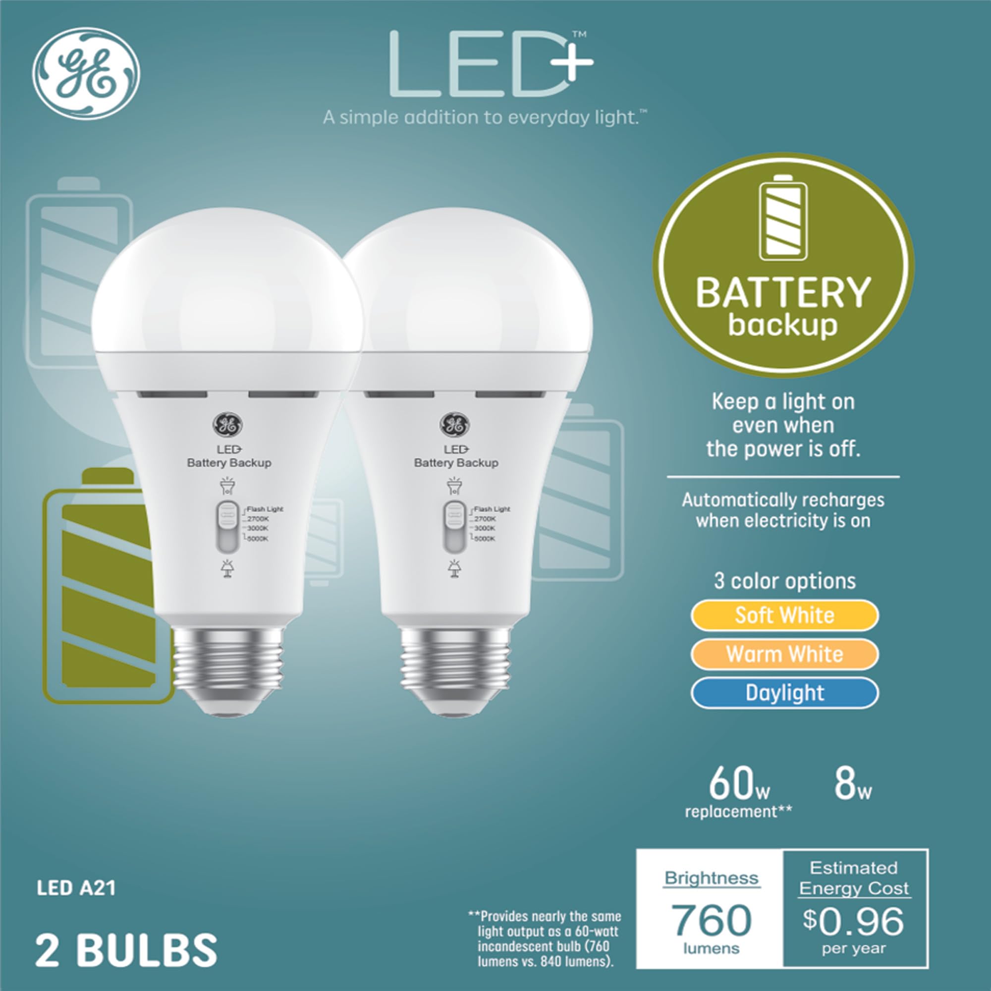 Foto 3 pulgar | Bombillas Led Ge Led+ Con Batería De Respaldo A21 (paquete De 2) - Venta Internacional.