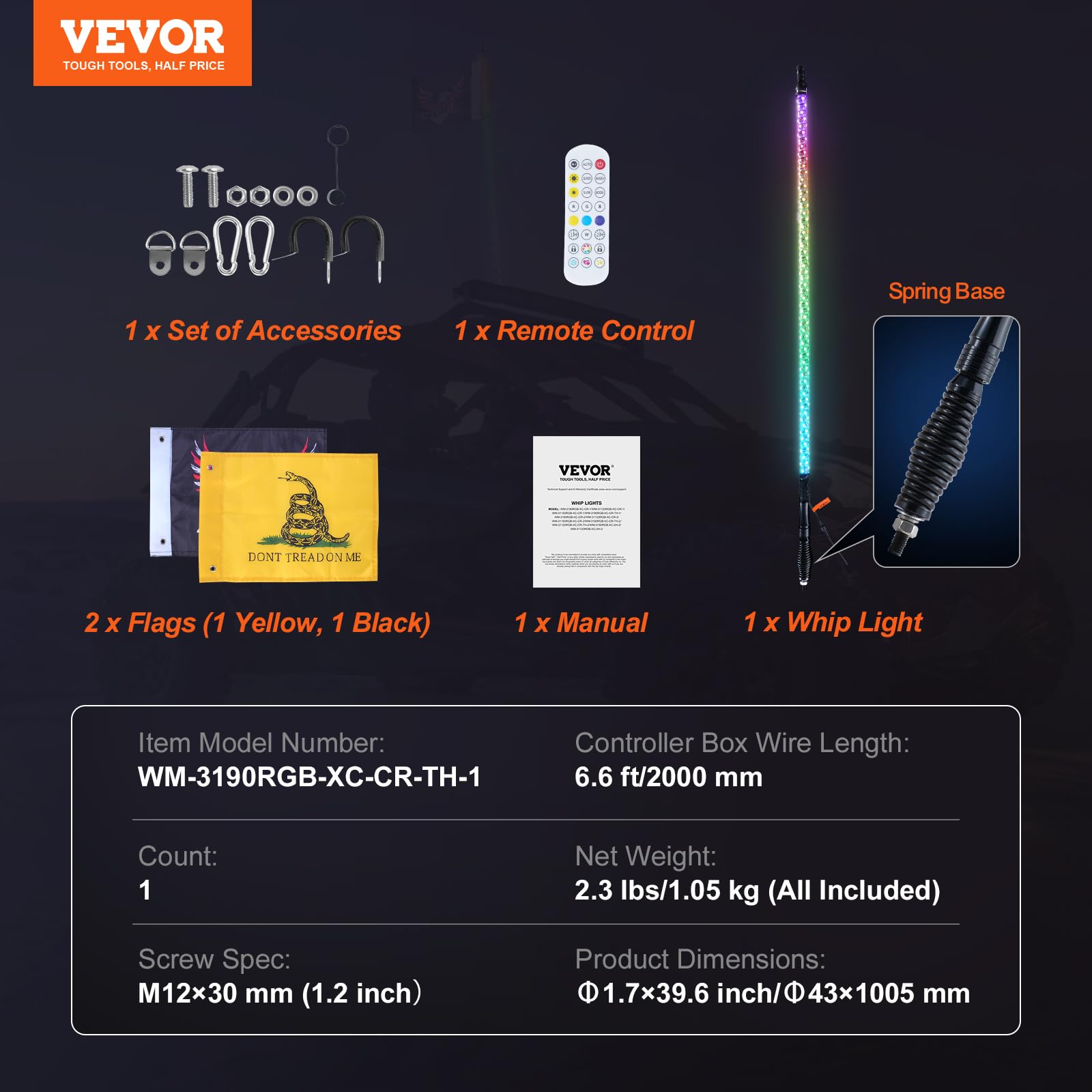 Foto 7 | Whip Light Vevor De 3 Pies Con Base De Resorte, Rgb, Resistente Al Agua, 1 Unidad - Venta Internacional.